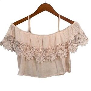 Forever 21 Off The Shoulder Strappy Crochet Lace Crop Top Gauze Cottagecore Soft